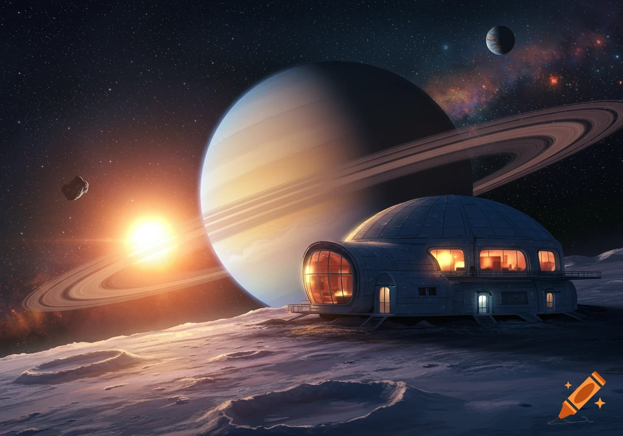 Futuristic base on a moon overlooking a ringed planet and sun