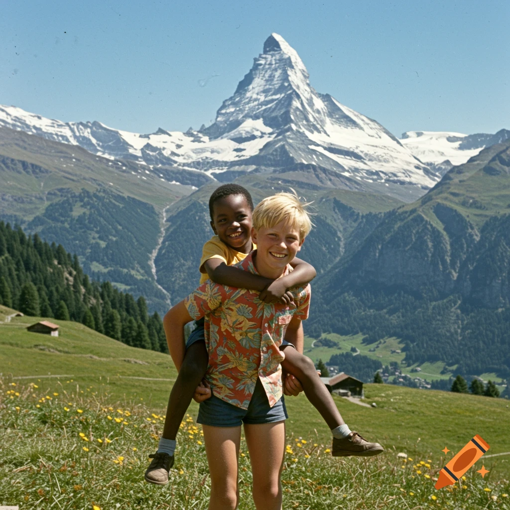 Vintage photo of two boys on a piggyback ride in front of a snow-capped mountain.