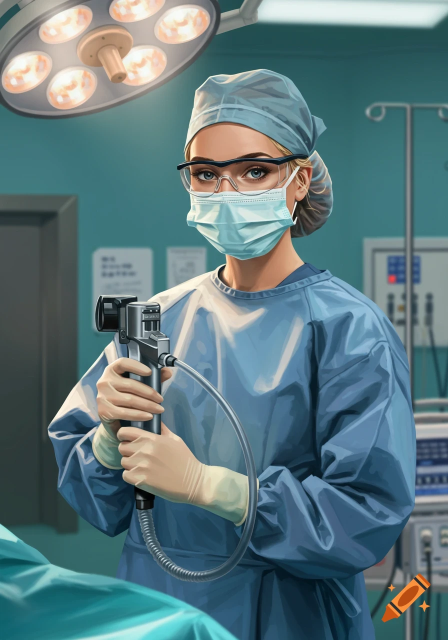 A female doctor in a surgical mask and gown holds a medical instrument in an operating room.