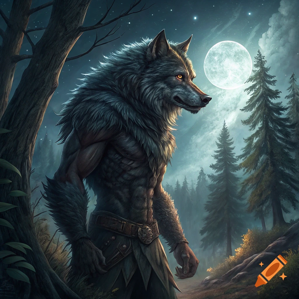 Muscular werewolf stands in a forest under a full moon at night