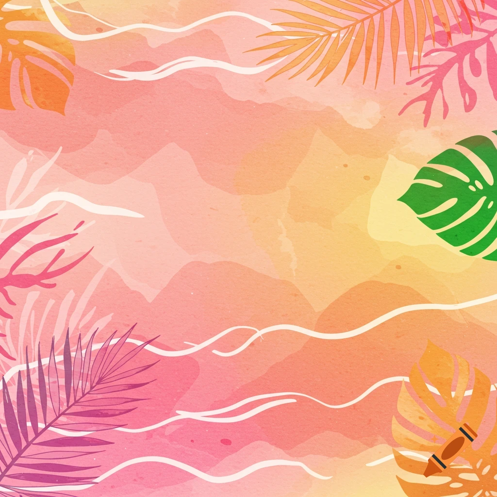 Vibrant abstract tropical background with watercolor texture, wavy lines, and colorful stylized leaves.