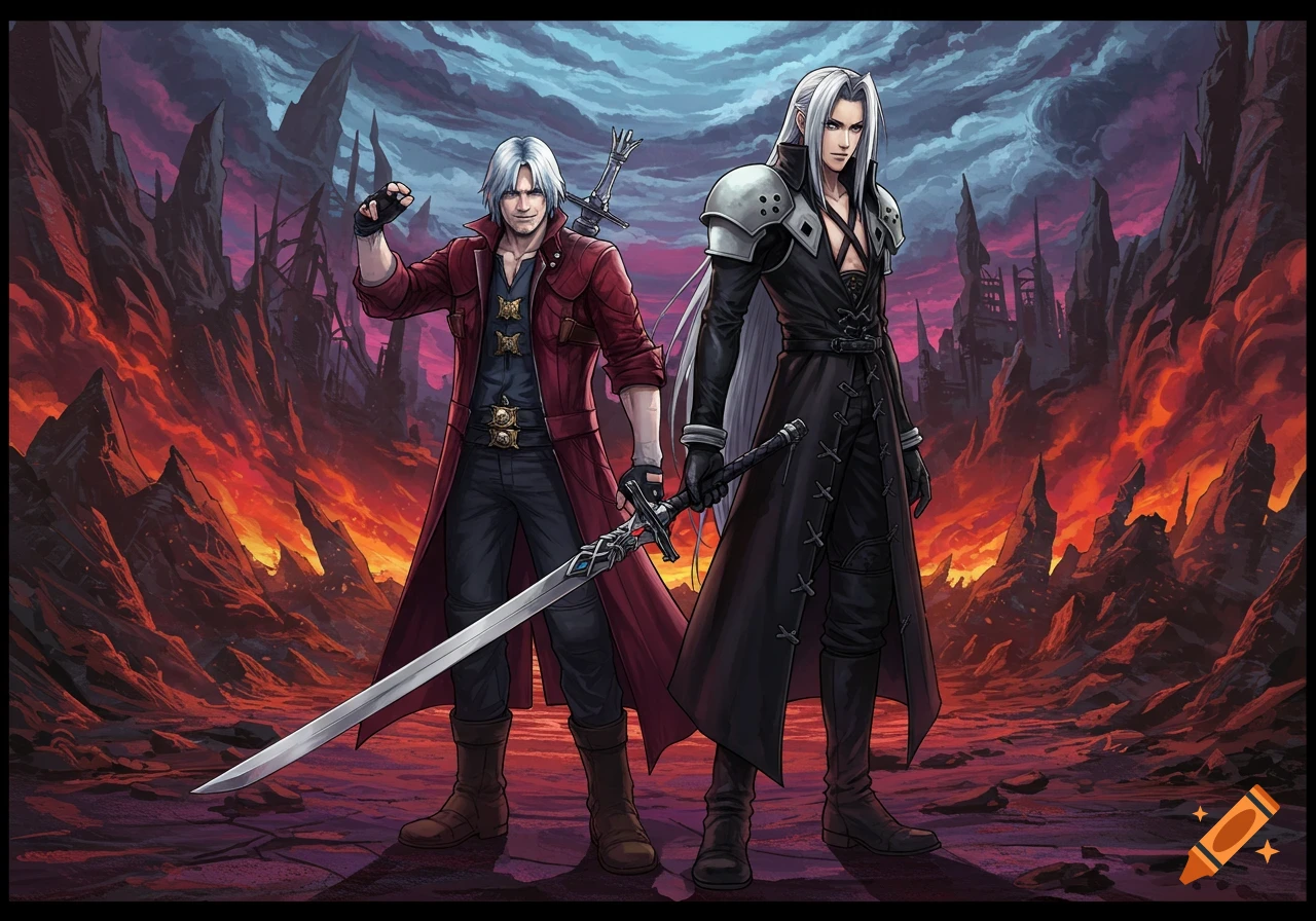Dante and Sephiroth stand with swords in a dark fantasy landscape.
