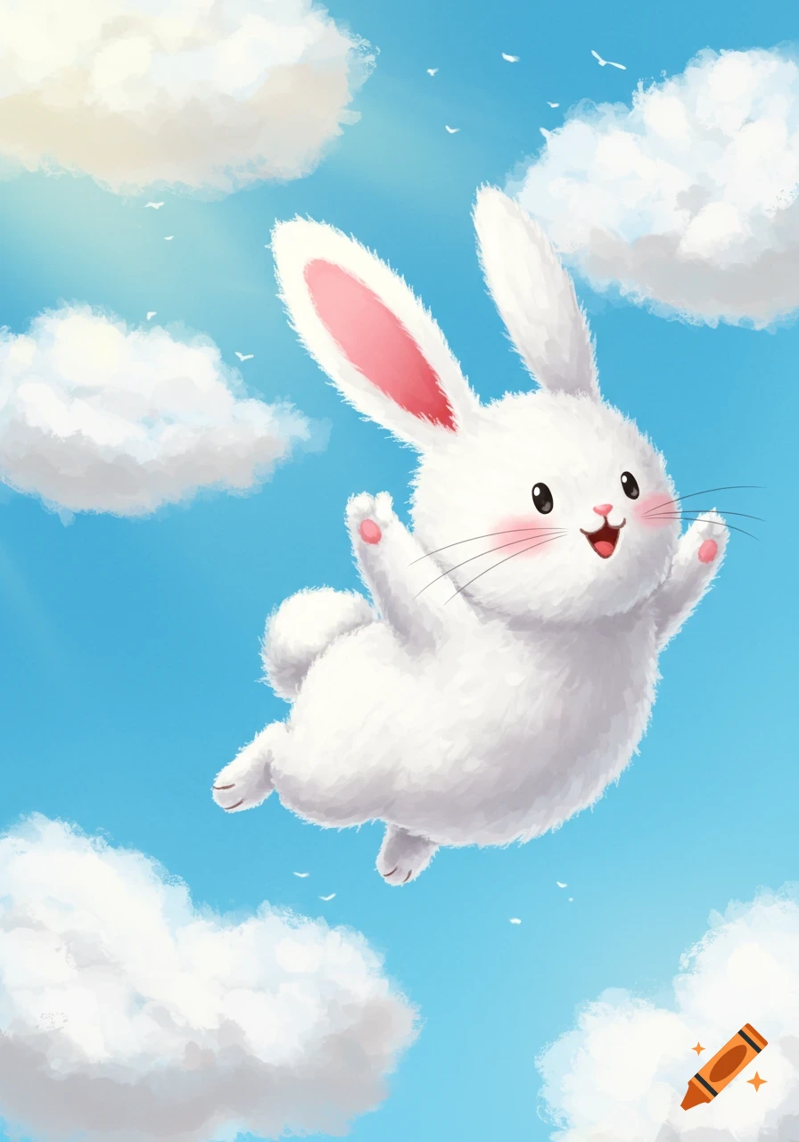 A fluffy white cartoon rabbit smiles while flying in a bright blue sky surrounded by clouds.