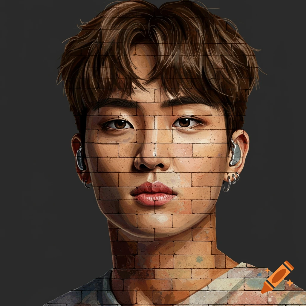 Digital painting portrait of a person with brick texture overlay against a dark background