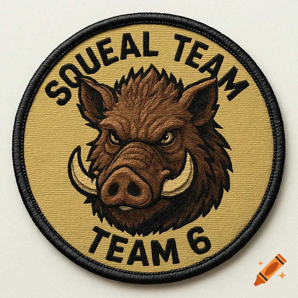 Circular embroidered patch with a boar head illustration and text 'SQUEAL TEAM TEAM 6'