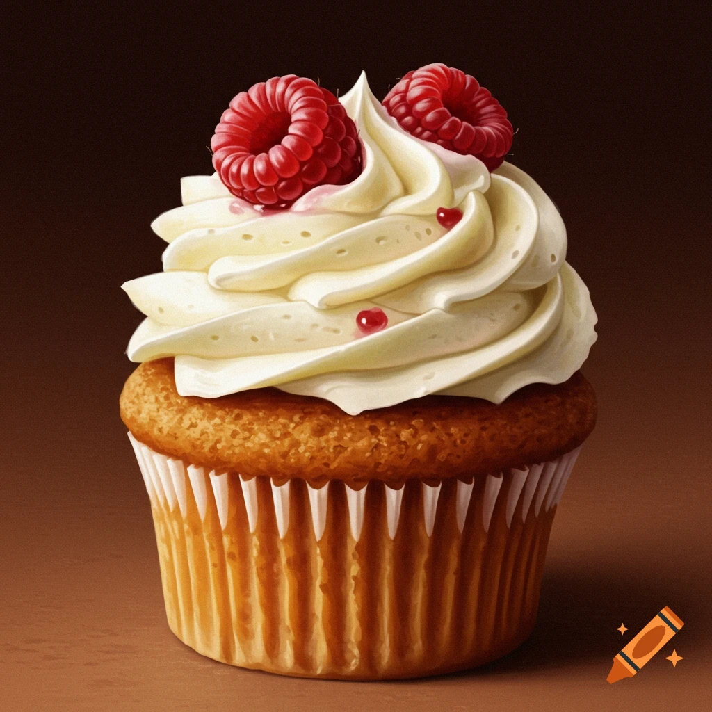 A cupcake with white frosting and raspberries.