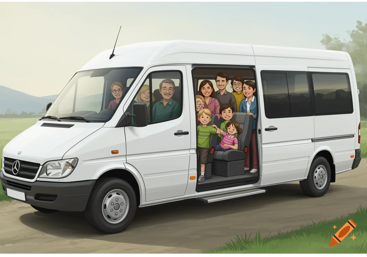 A cheerful family is inside a white passenger van.