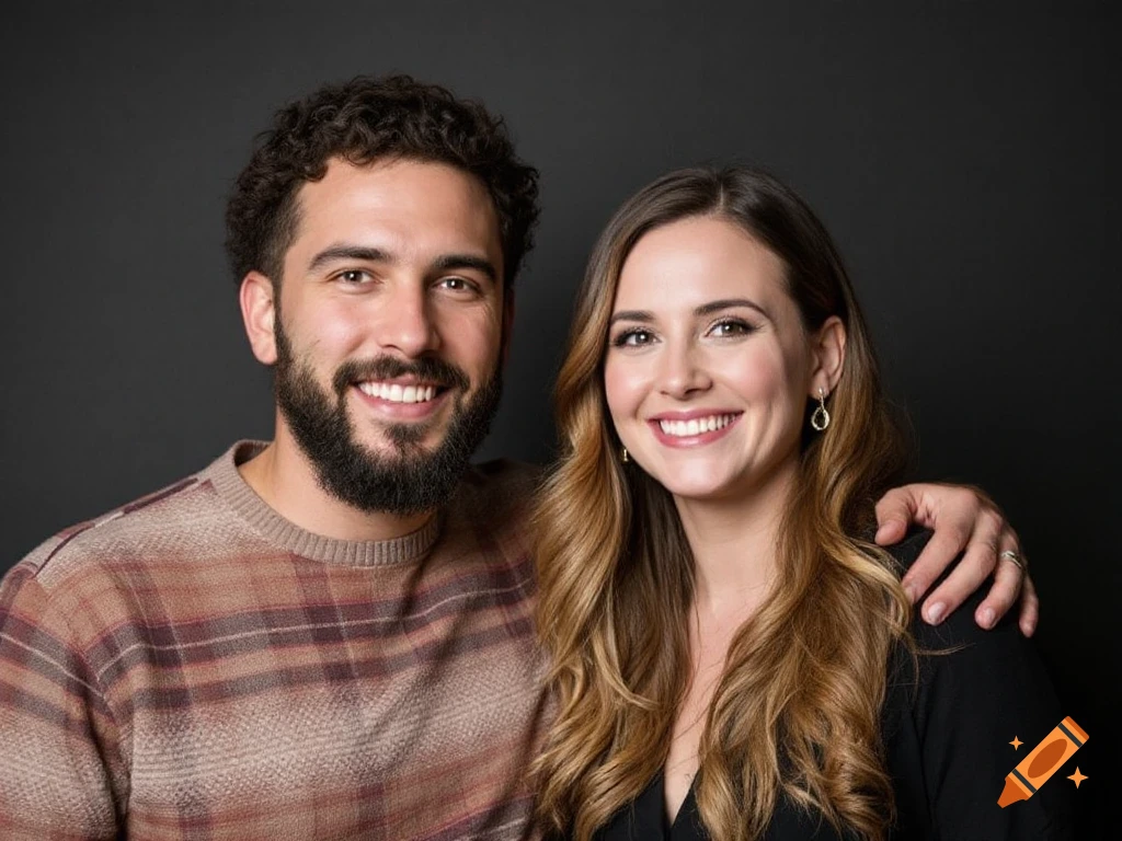 Studio portrait of a man and woman smiling at the camera, man's arm around woman's shoulder