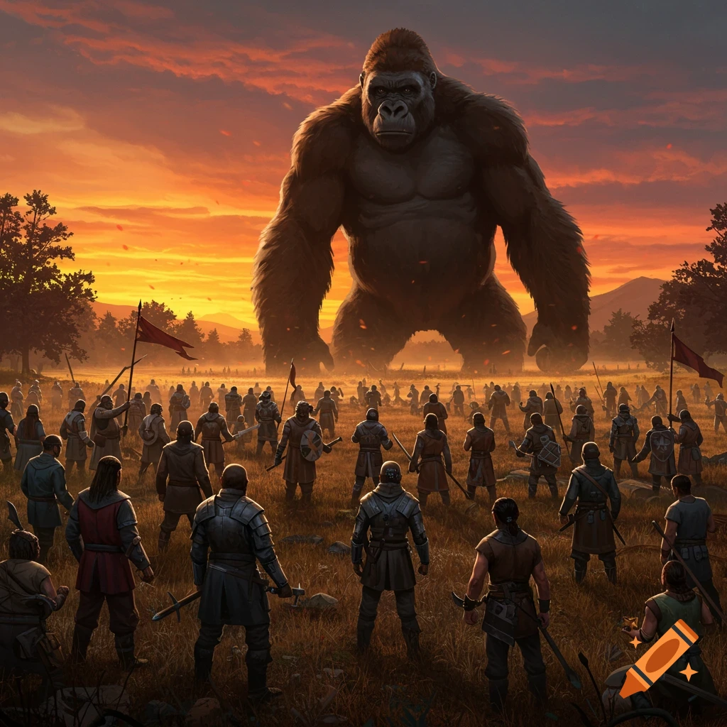 Giant gorilla facing a field of human warriors at sunset, digital art.