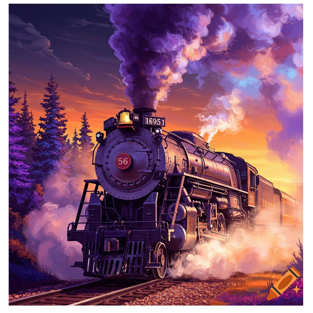 A large steam train with purple smoke is traveling through a landscape at sunset.