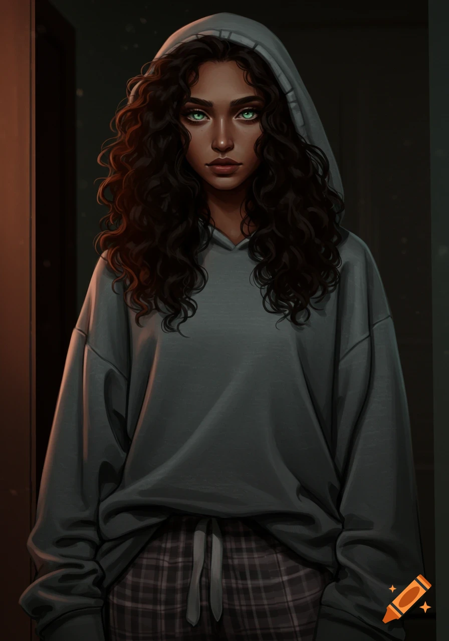 A woman with dark curly hair and green eyes, wearing a grey hoodie and plaid pajama pants, standing in a dark room.