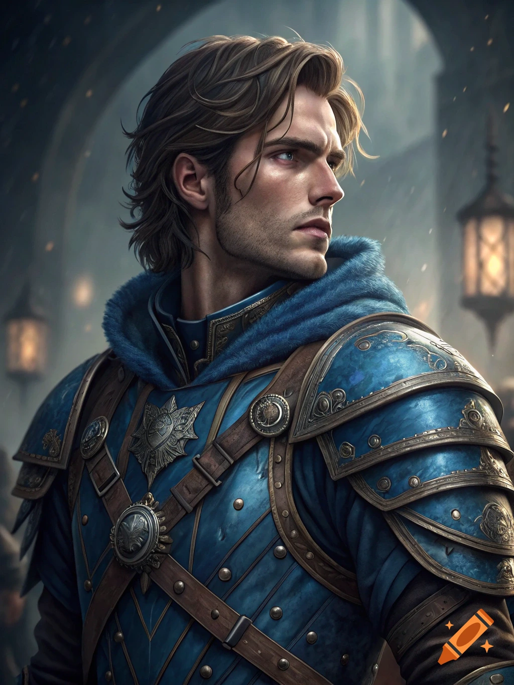 Profile portrait of a man with brown hair wearing blue and gold fantasy armor with fur trim.