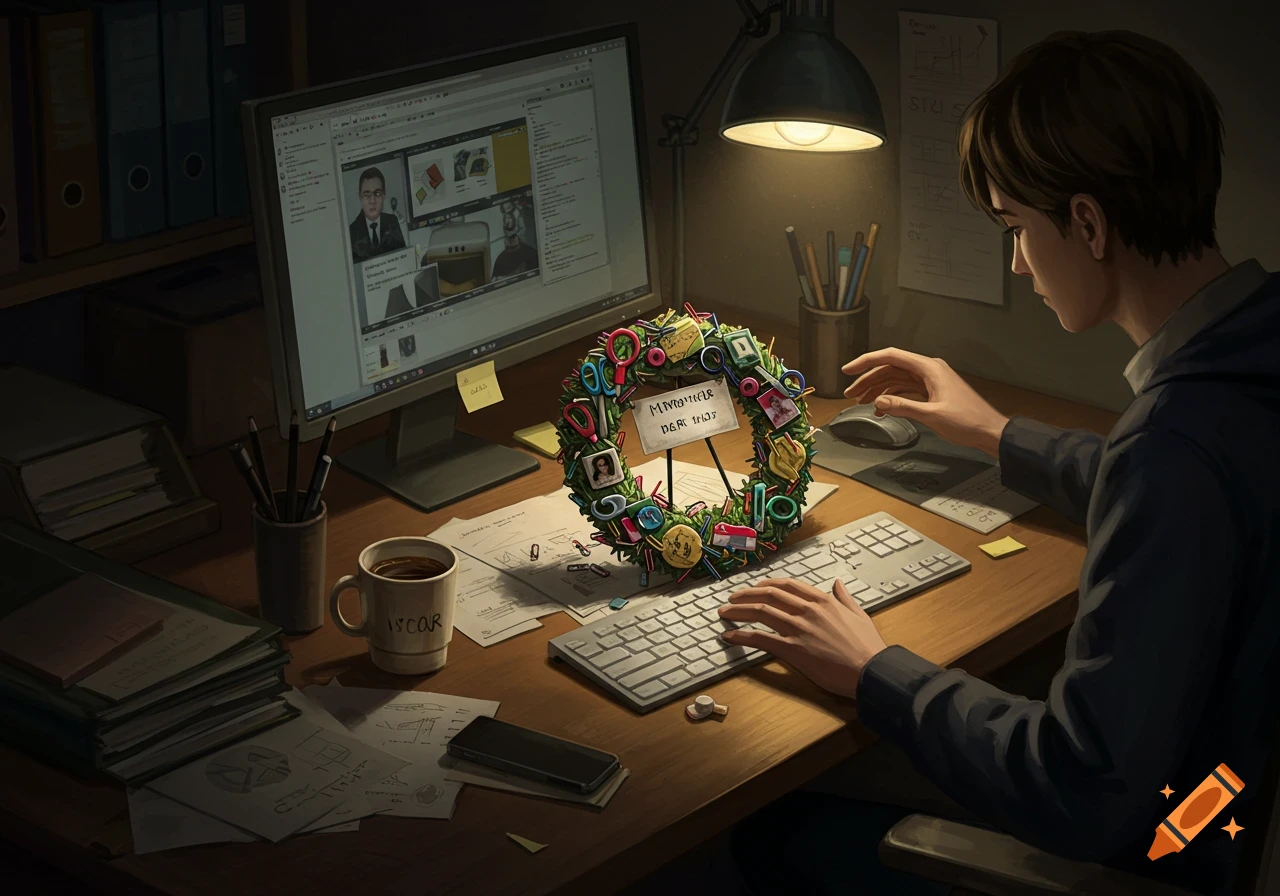 A person sits at a desk with a computer, files, and a wreath made of office supplies.