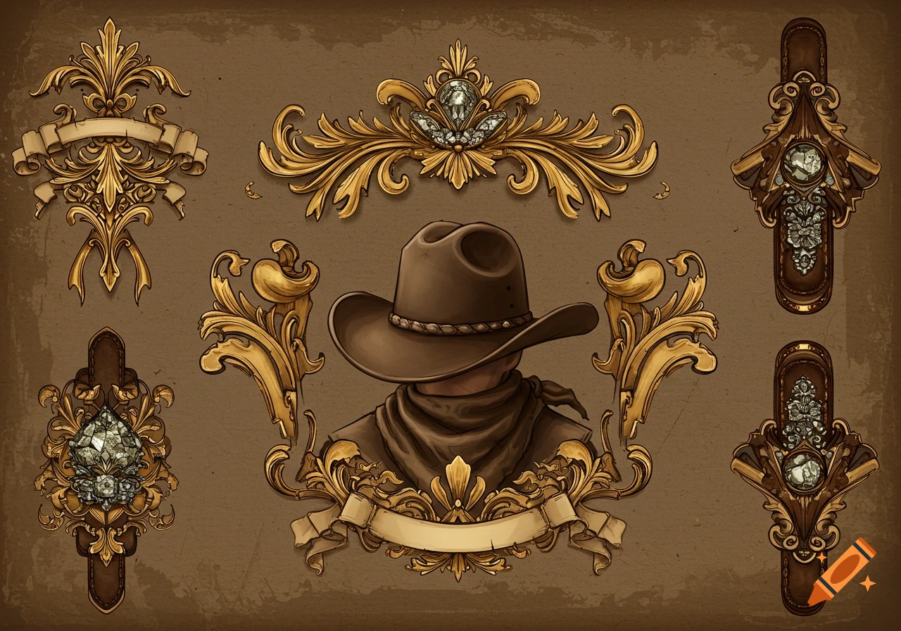 Detailed illustration of a cowboy hat framed by ornate gold scrollwork, jewels, and ribbons on a brown background.
