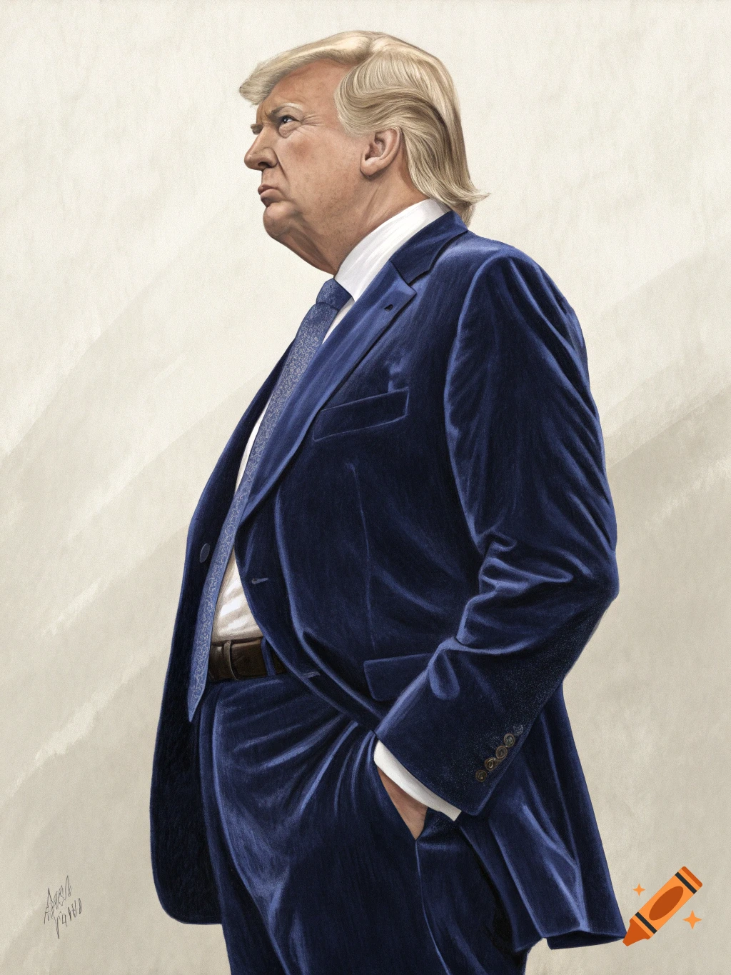 Illustration of Donald Trump looking left, wearing a dark blue velvet suit and tie.