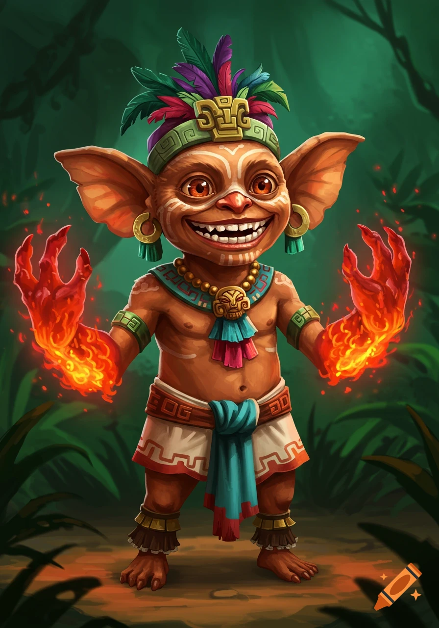 A smiling goblin creature in tribal clothes with flaming hands in a jungle.