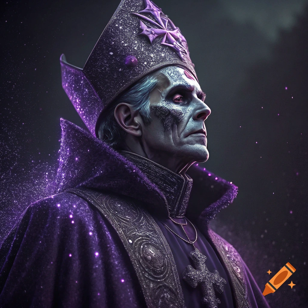 Portrait of a fantasy character in purple glitter robes and miter, with face paint and a cross necklace.