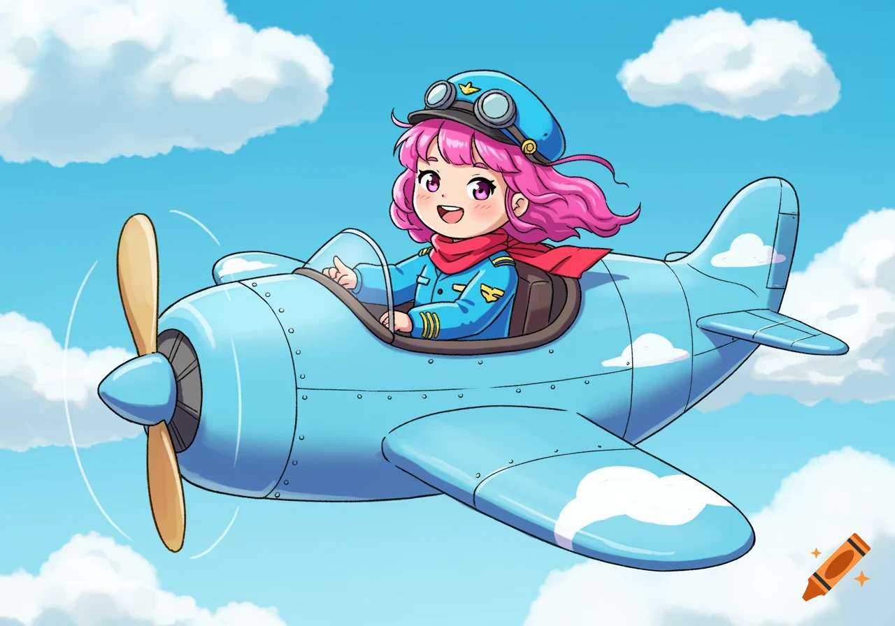 Cartoon girl pilot with pink hair in a blue airplane flying through a cloudy sky, in a children's book style.