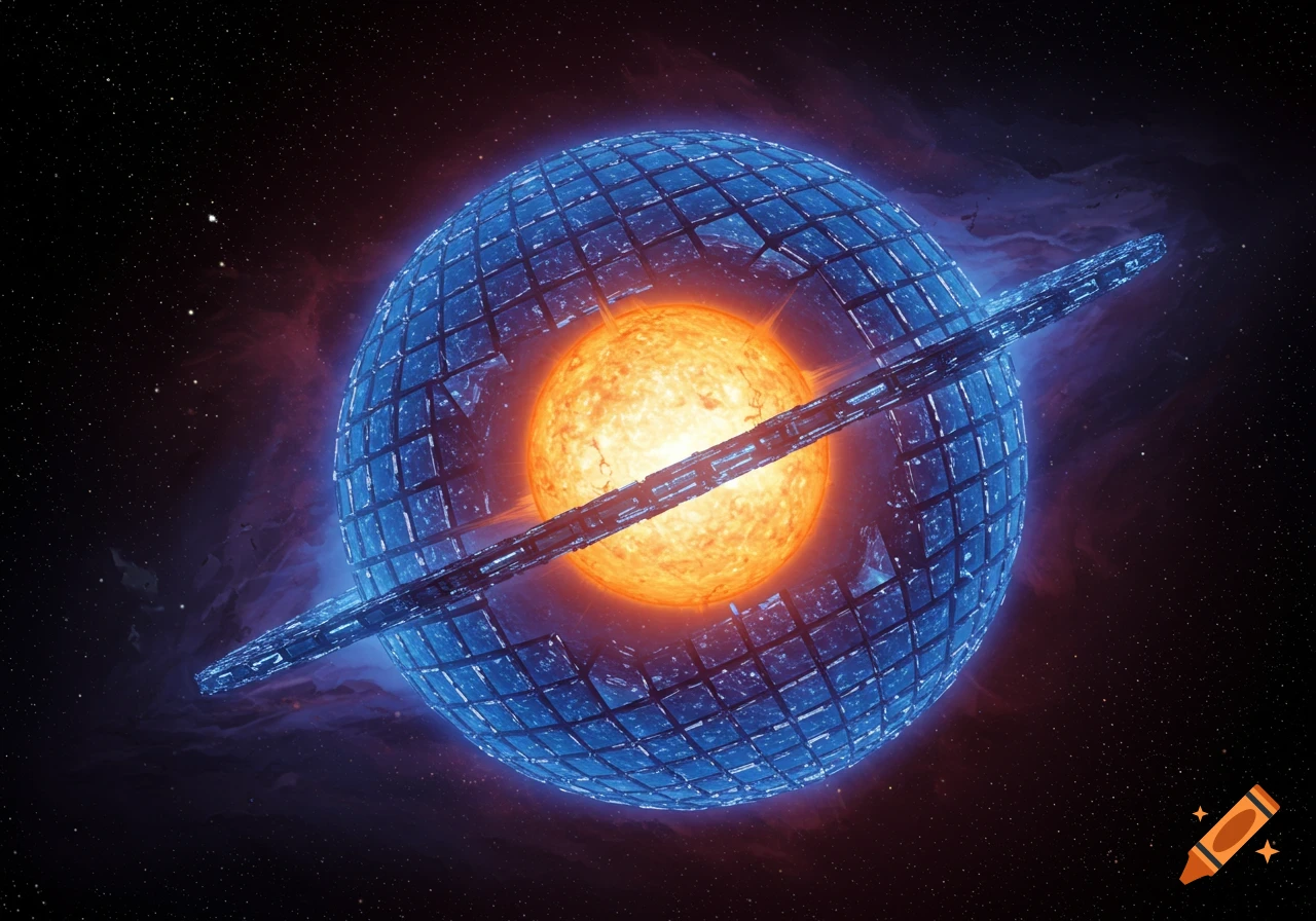 A star enclosed by a blue grid-like Dyson sphere in deep space.