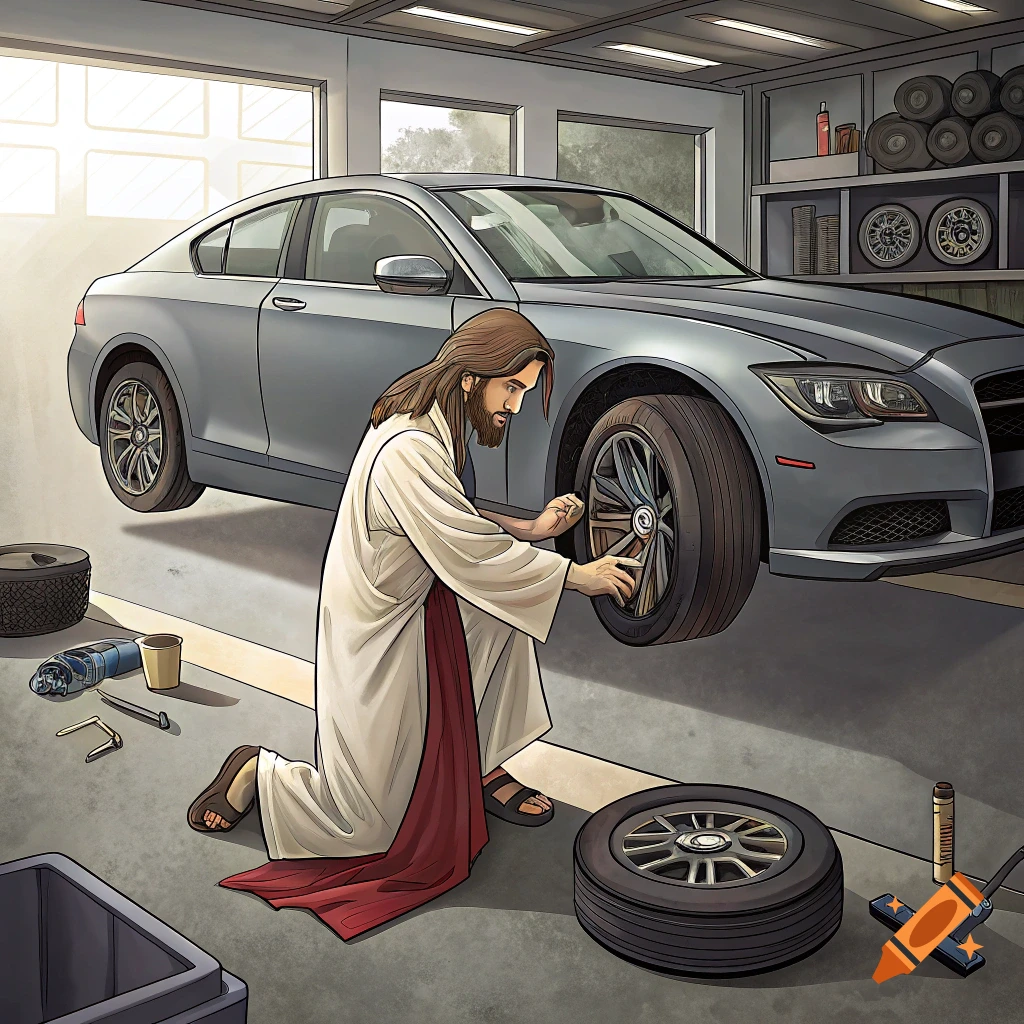 Illustration of Jesus kneeling to change a tire on a car in a garage.