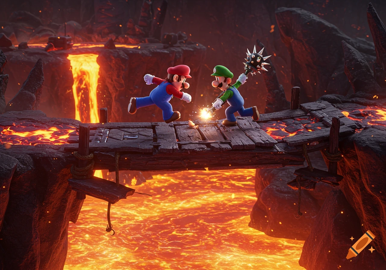 Mario and Luigi fight on a wooden bridge over a river of lava in a volcanic area.