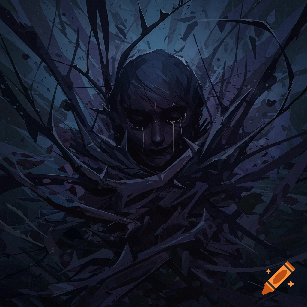 A crying face surrounded by dark, thorny shapes.