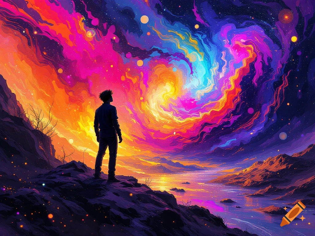 A person stands on a rocky hill overlooking a river, gazing at a vibrant, colorful sky swirling like a nebula, digital art.