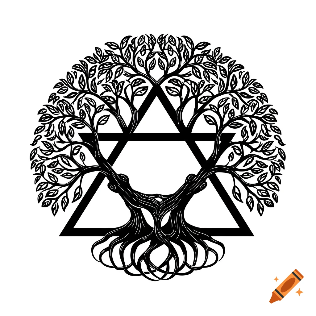 Black and white illustration of a Tree of Life intertwined with a Star of David symbol.