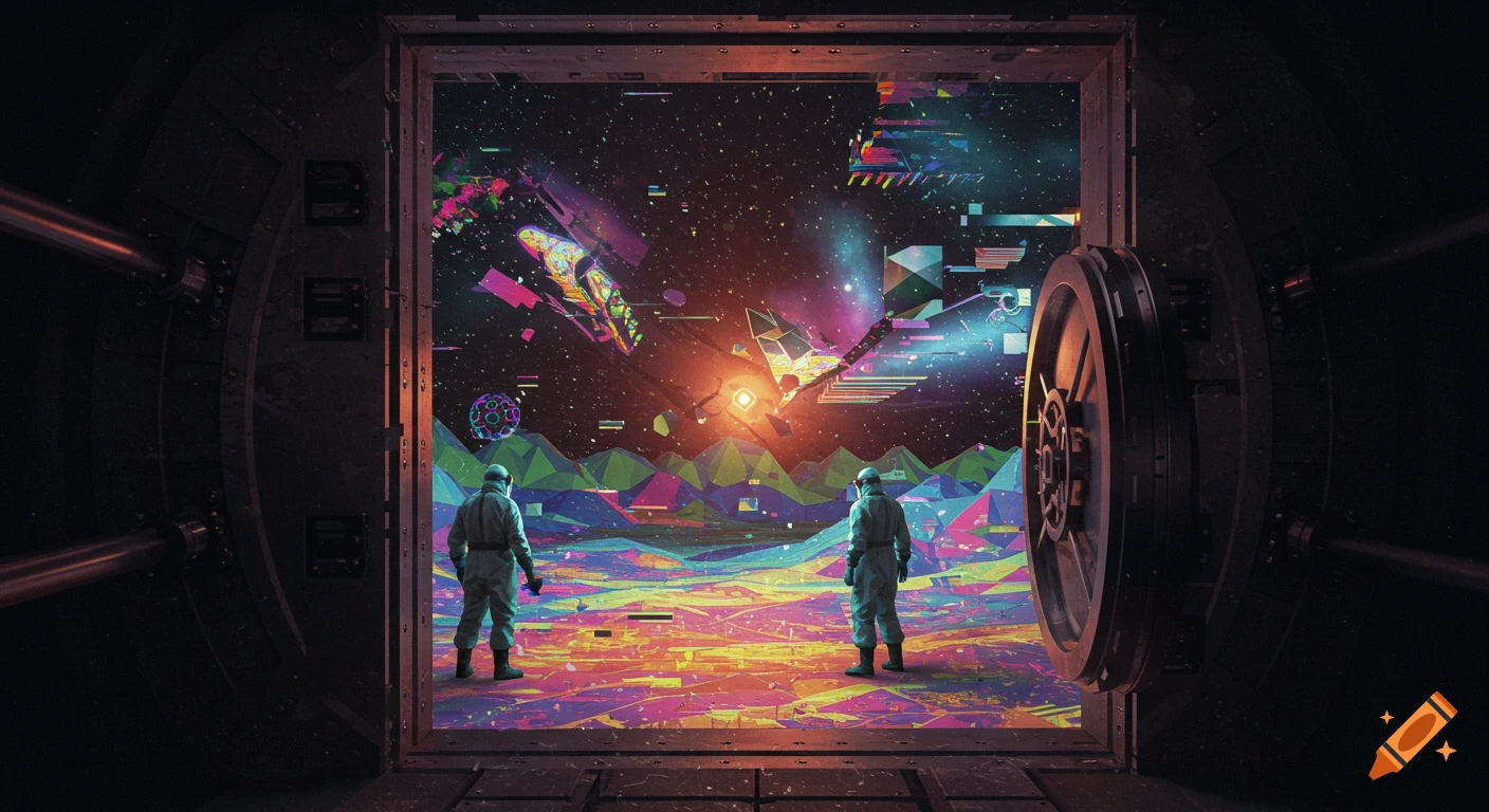 Two figures in suits look out of a vault door at a colorful abstract space landscape.