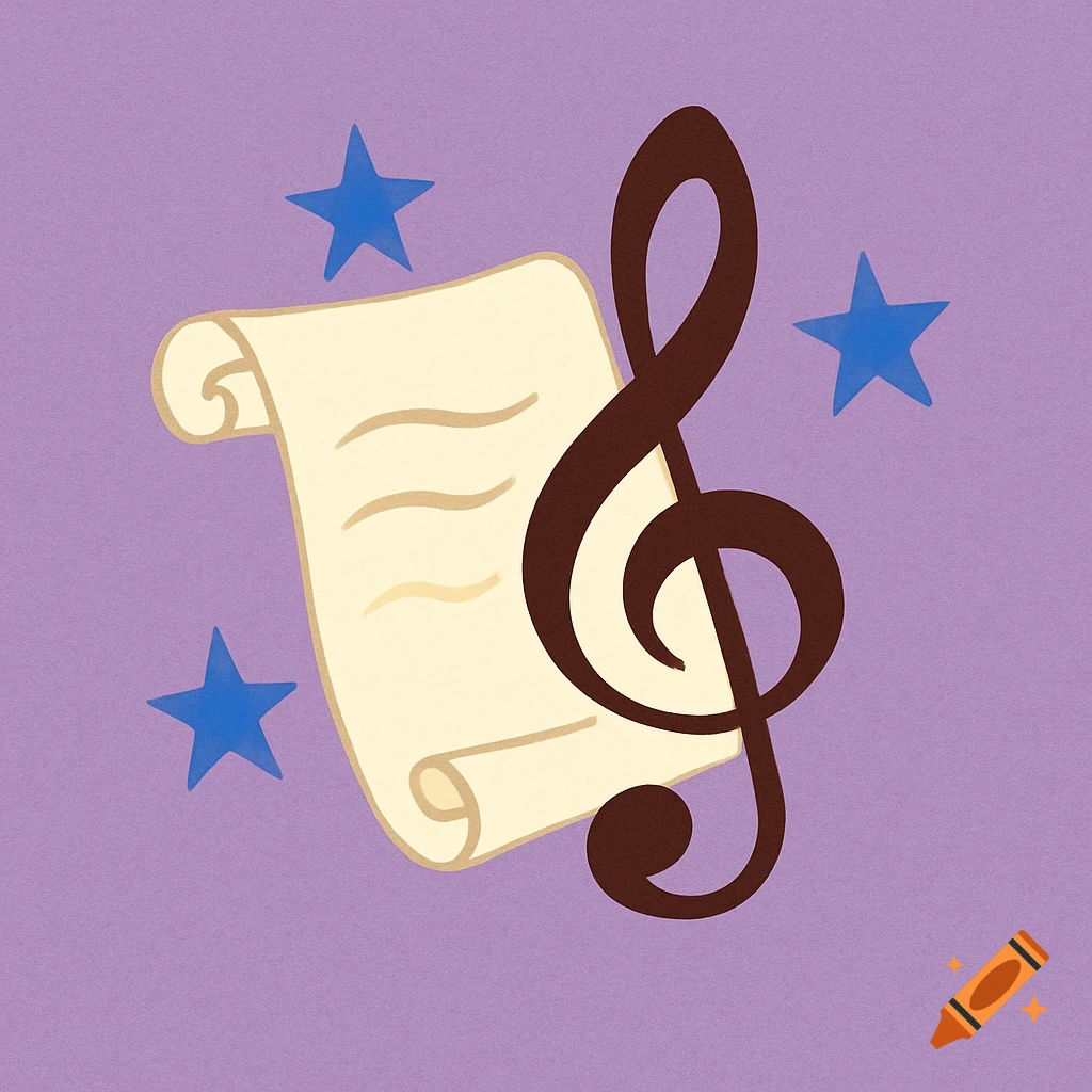A brown treble clef and a scroll with wavy lines, surrounded by blue stars on a purple background.
