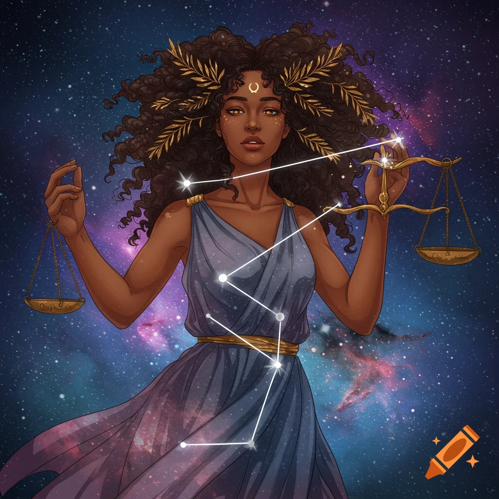Portrait of a woman as Libra with scales, constellation, and galaxy background.