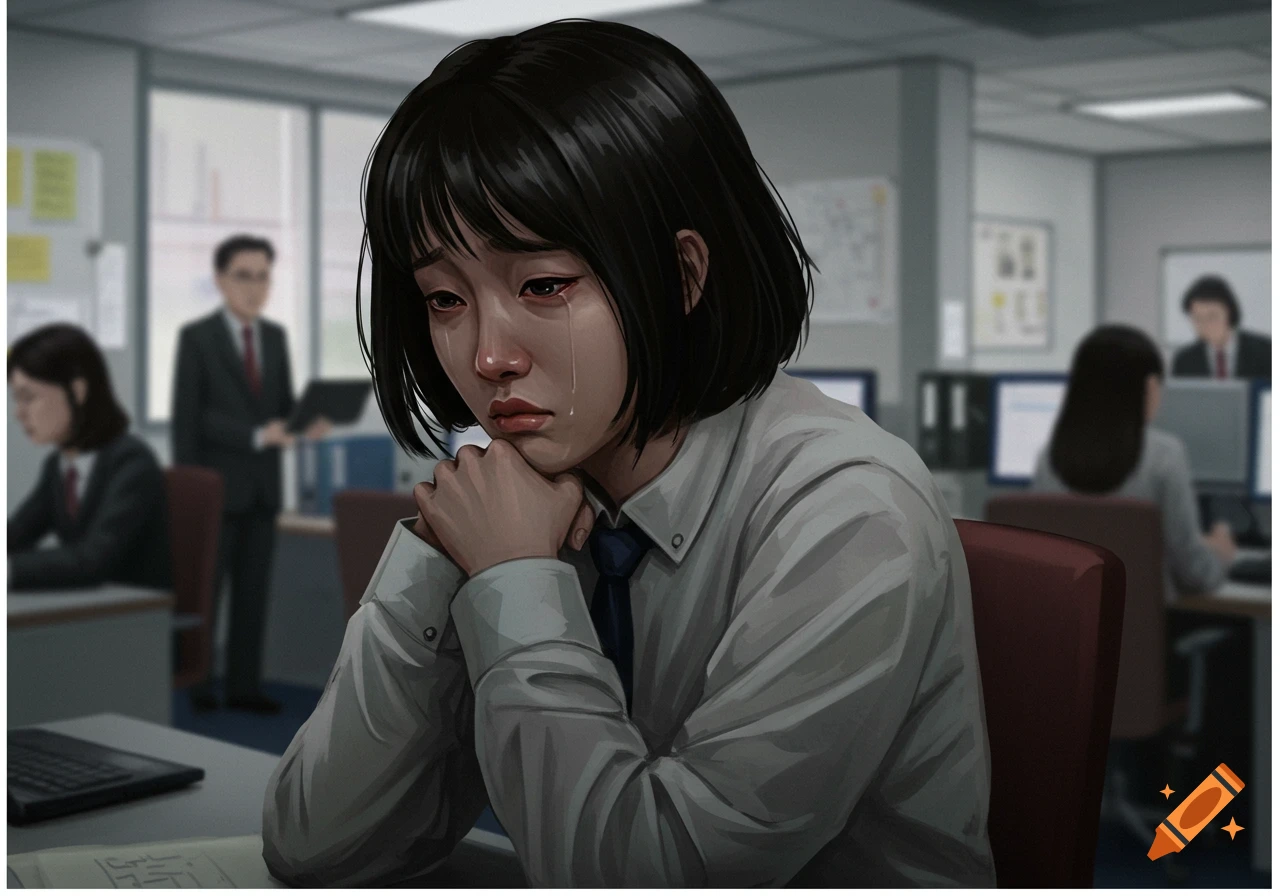 A distressed woman crying at her desk in an office.