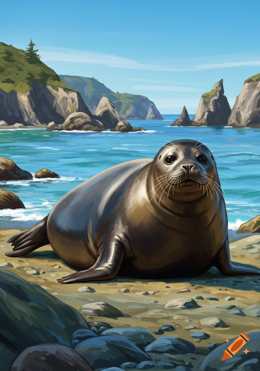 A seal lying on a rocky beach with cliffs and ocean in the background.