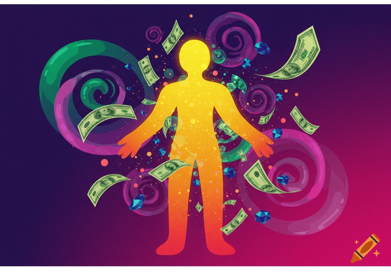A stylized person figure surrounded by floating dollar bills and abstract colorful shapes.