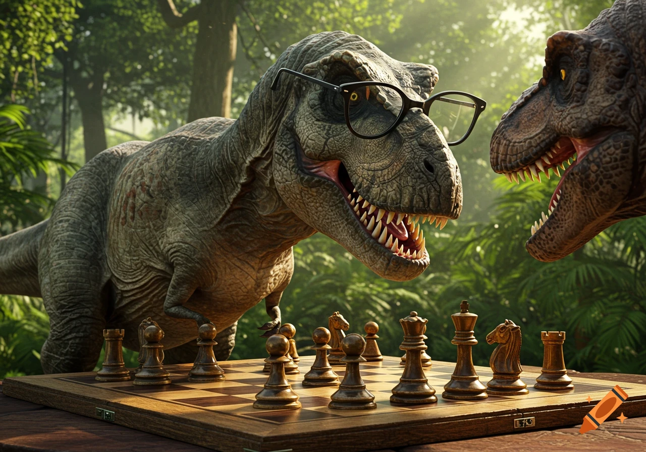 A T-Rex wearing glasses plays chess against another T-Rex in a jungle.