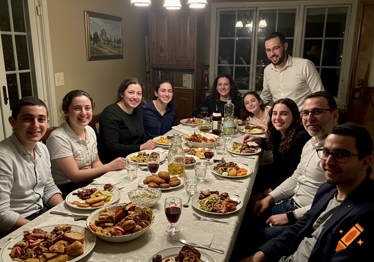 A large family smiles while gathered around a table for dinner.