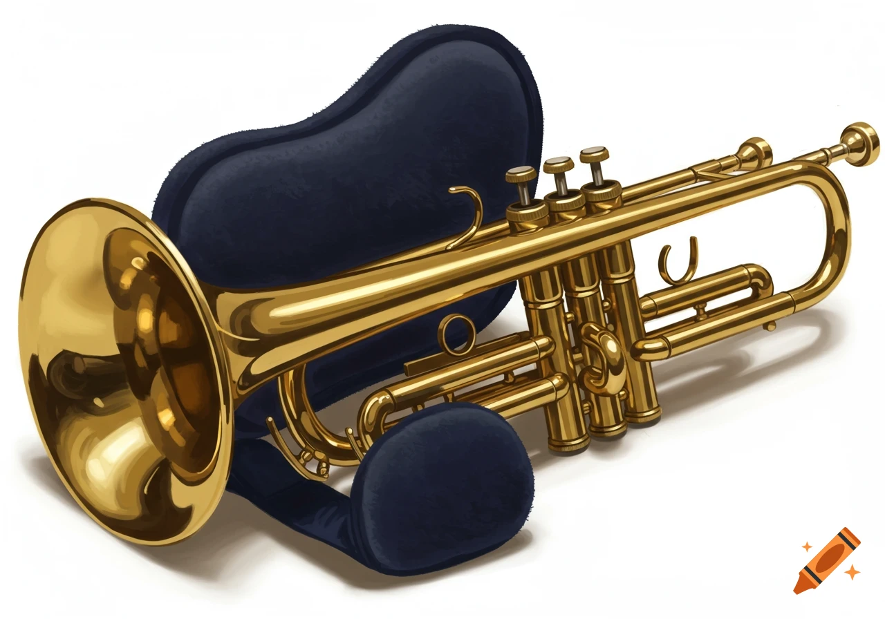 A golden trumpet lies in a dark blue plush case on a white background.