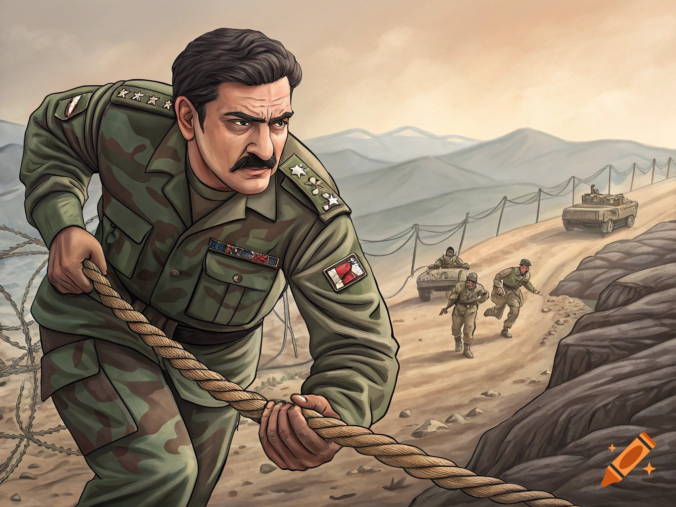 Illustrated scene of a determined soldier pulling a rope in a desert military setting with other soldiers and vehicles.