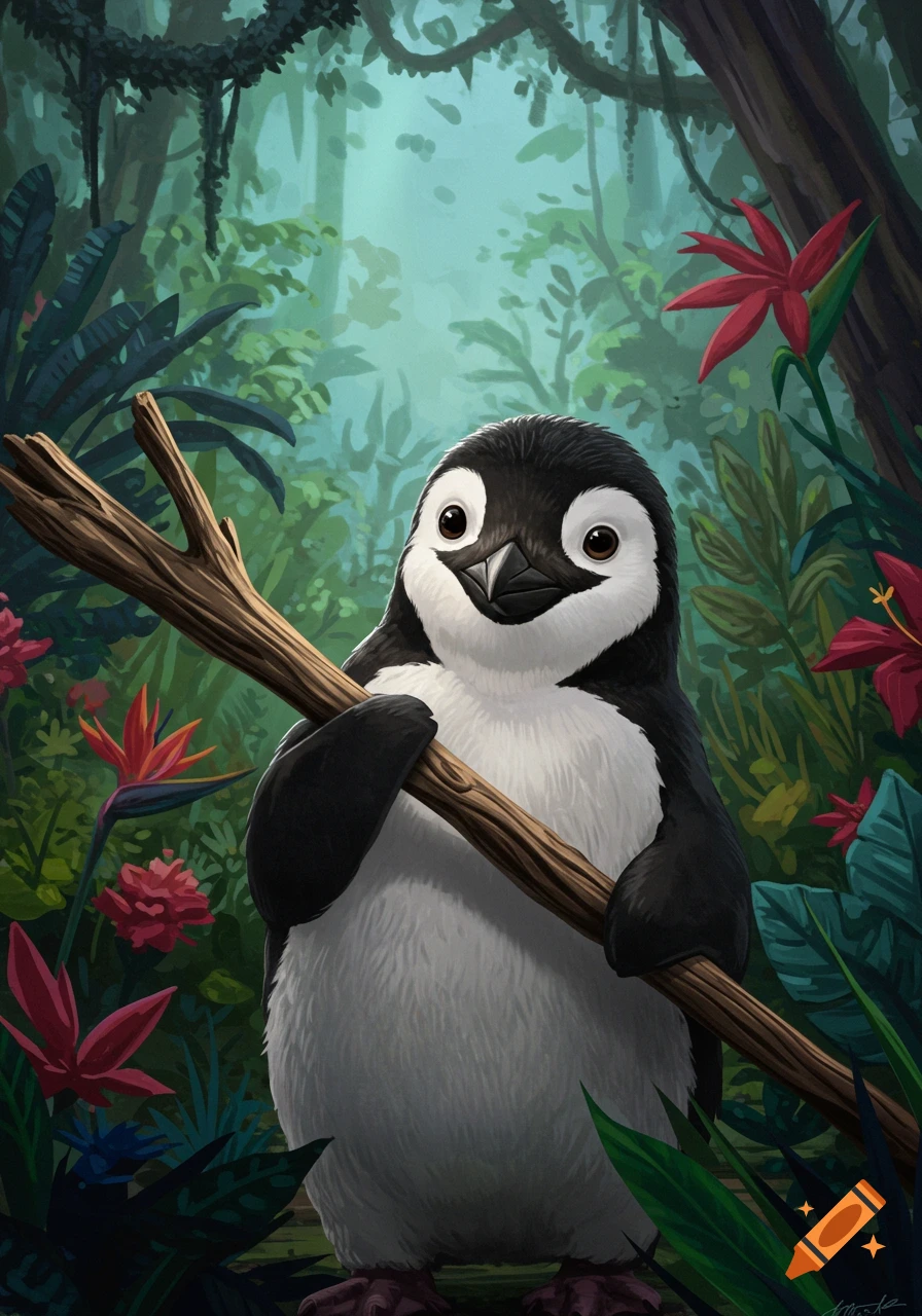 A cute penguin holds a stick while standing in a lush jungle.