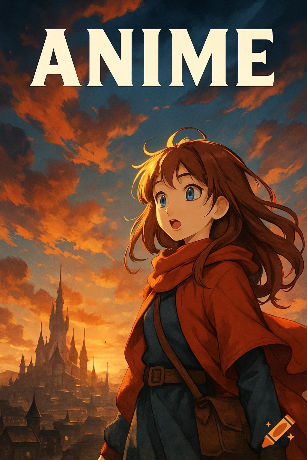 Anime character looks at a fantasy city under orange sky, with the title ANIME at the top.