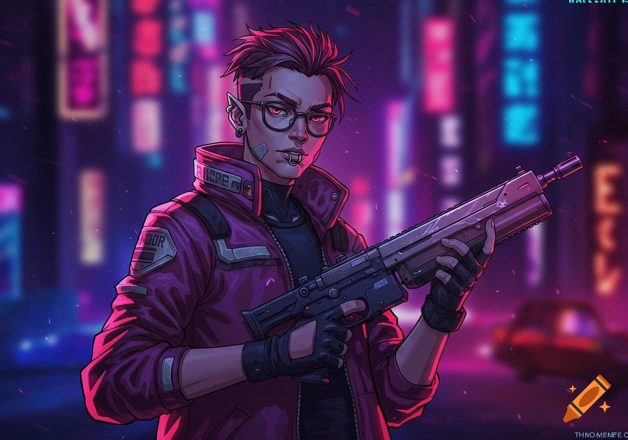 Stylized illustration of a person with glasses and elf ears holding a gun in a neon cyberpunk city at night.