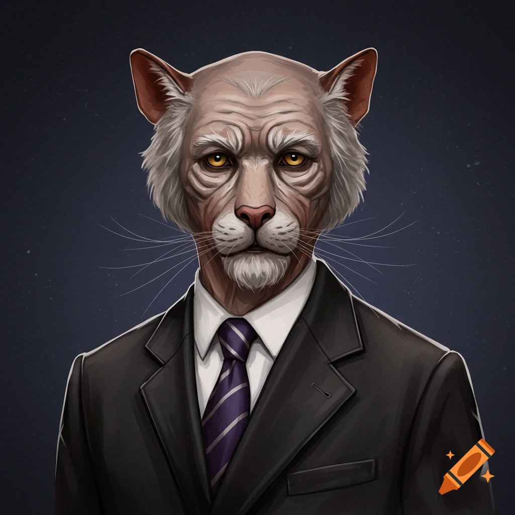 An anthropomorphic cat wearing a suit.