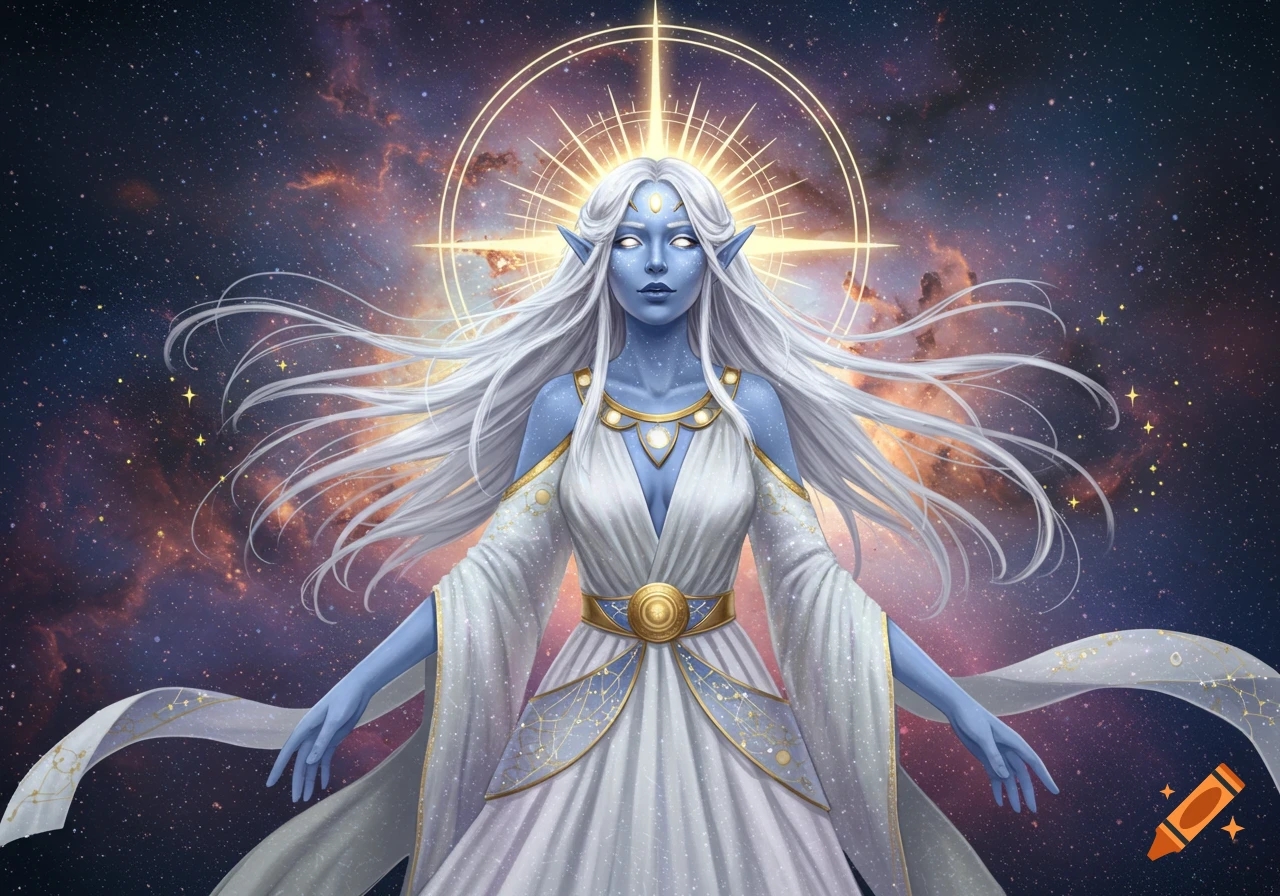 A blue-skinned female fantasy figure with white hair against a space background