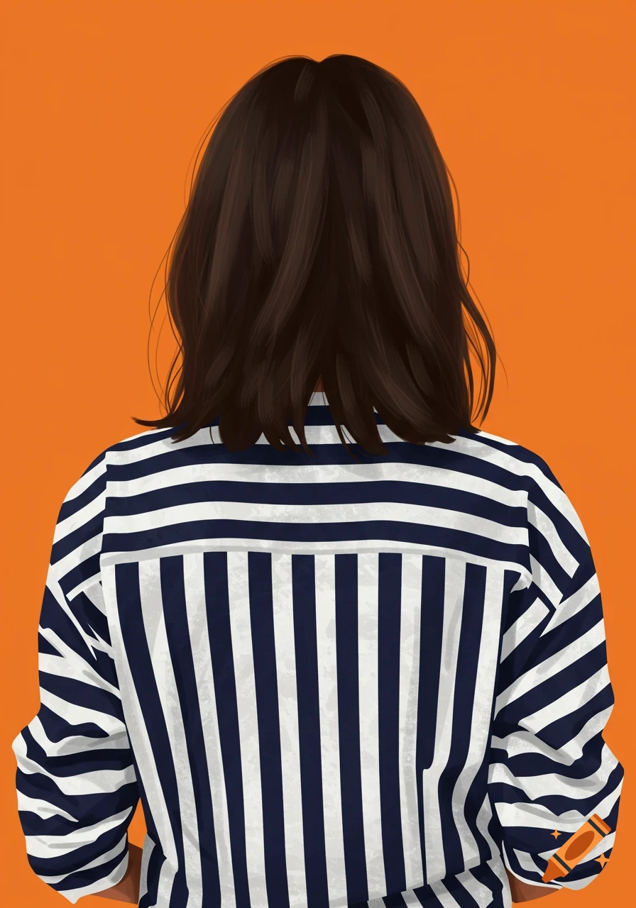 Illustration of the back of a woman wearing a striped shirt against an orange background.
