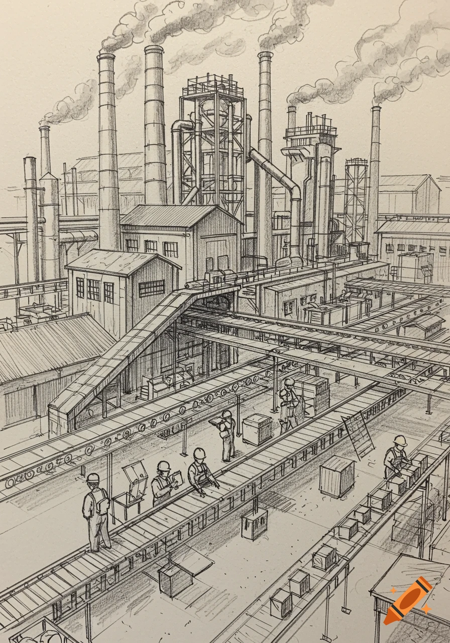 Pencil drawing of a busy factory with workers and conveyor belts.