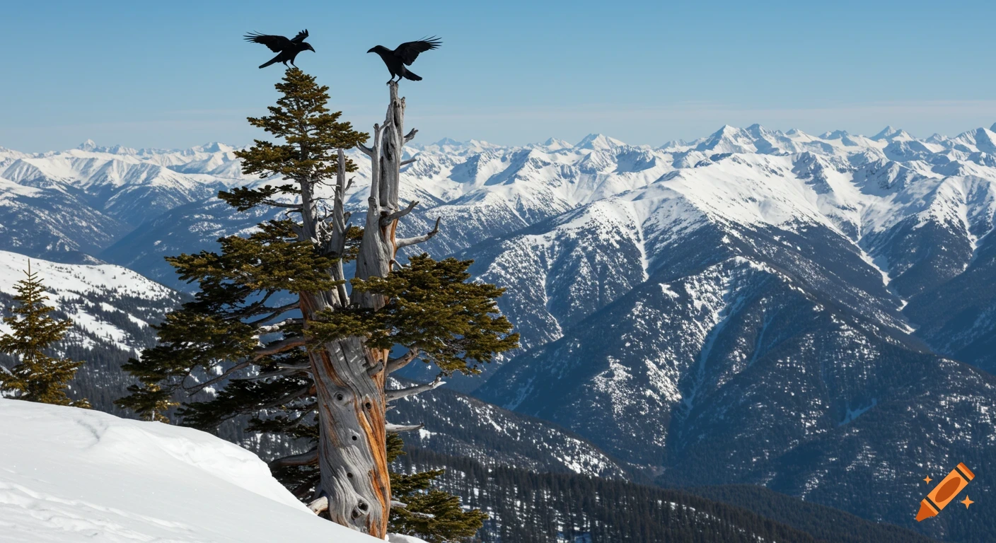 Two ravens perch on a tall dead tree on a snowy mountain ridge overlooking a vast mountain range under a clear sky.