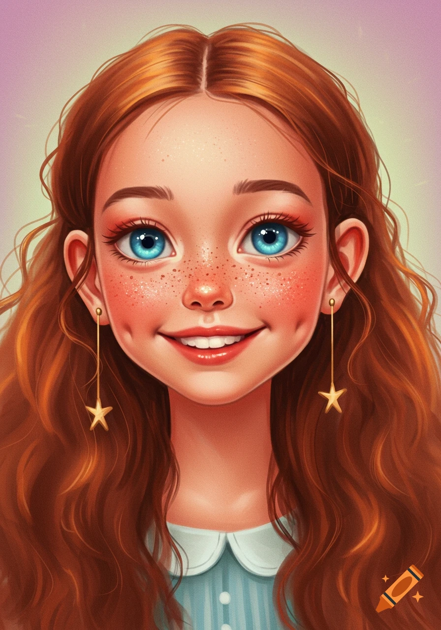 Illustrated close-up portrait of a smiling girl with red hair, freckles, and blue eyes, wearing star earrings.