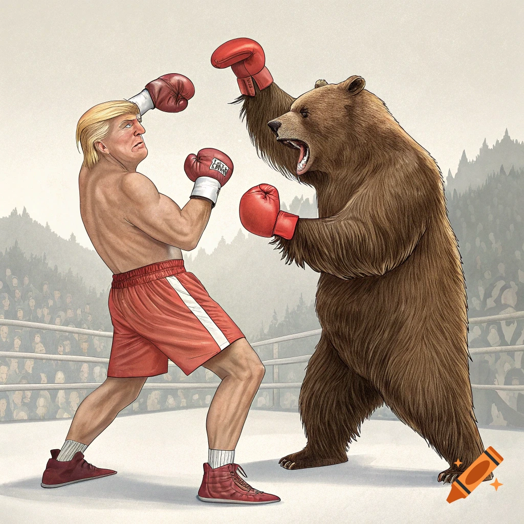 Illustration of Donald Trump boxing a large brown bear in a ring.