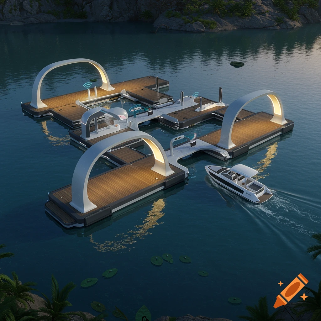 A futuristic self-docking boat dock on water with a boat arriving.