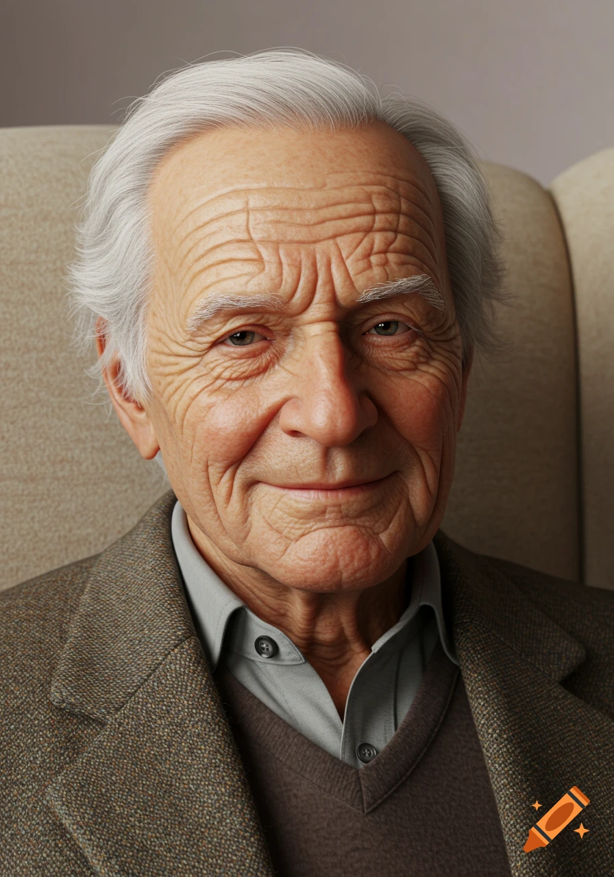 Realistic portrait of an old man with grey hair, wearing a brown jacket and sweater.